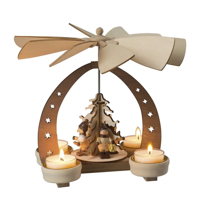 Weihnachtspyramide für 4 Teelichte "Winterkinder", natur, 19 cm