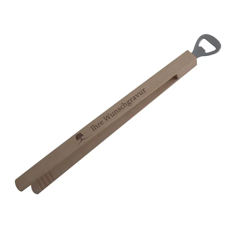 Werbeartikel 100 Stück Grillzangen mit Flaschenöffner und Gravur aus Holz, 37 cm Buche
