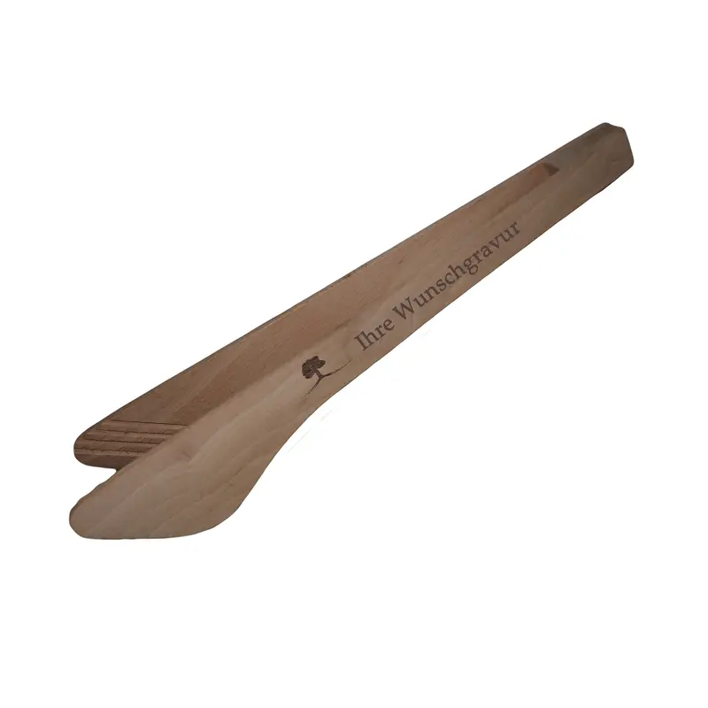 Werbeartikel 50 Stück Grillzangen breit mit Gravur aus Holz, 30 cm Buche