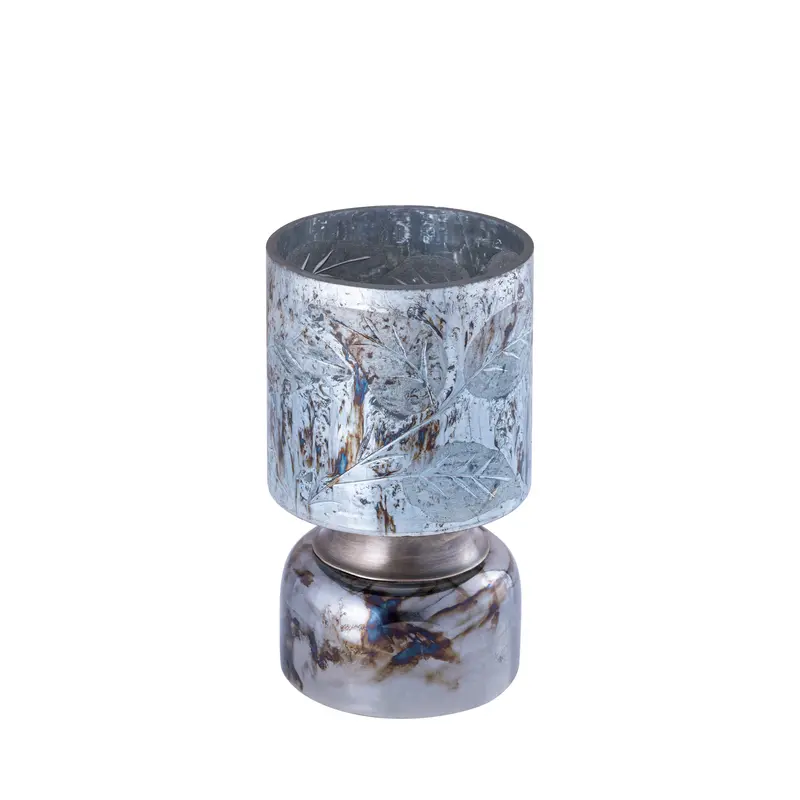 Windlicht – Glas Material, Blau Ton, Blatt Gravur, S – Navanah | PTMD