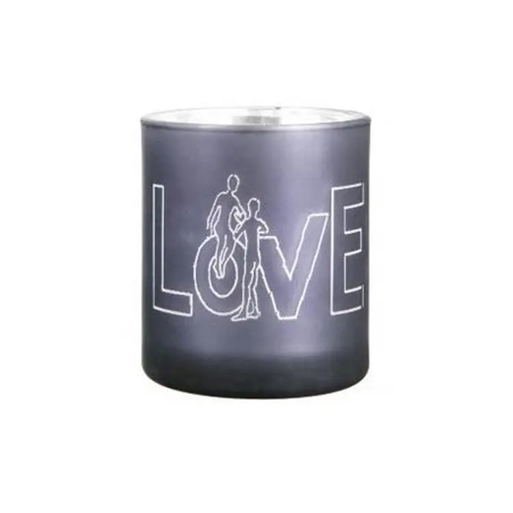 Windlicht grau aus Glas mit Druck "Love"