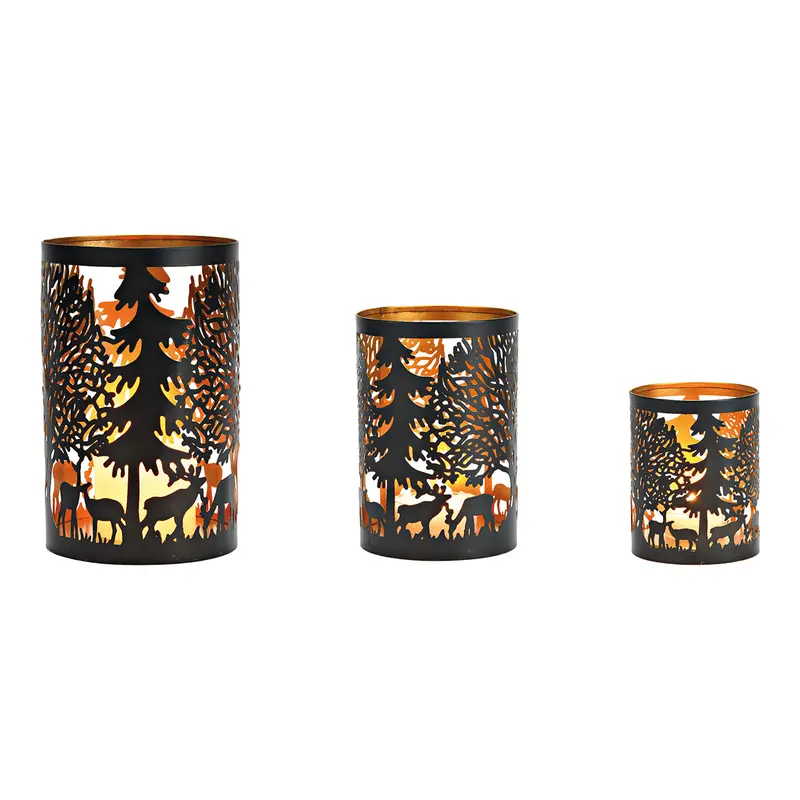 Windlicht-Set mit schwarzem & goldfarbenem Metall Winterszenen-Motiven & 3 Größen | Wurm