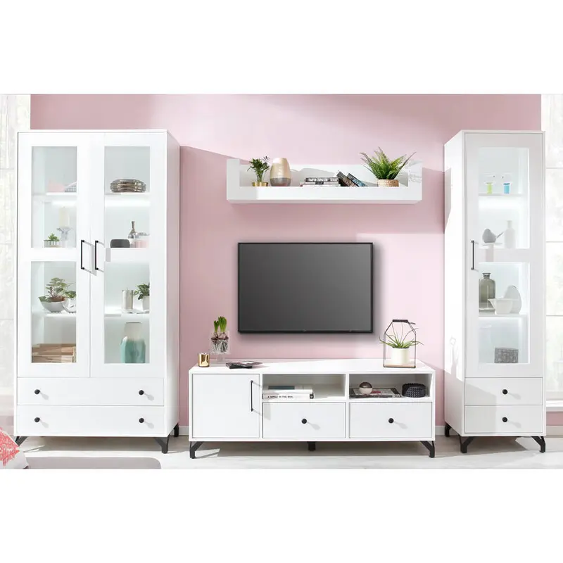 Wohnzimmer Set – 4 Teile – BERGEN System – Weiß – Modernes Design mit Glas & Stauraum