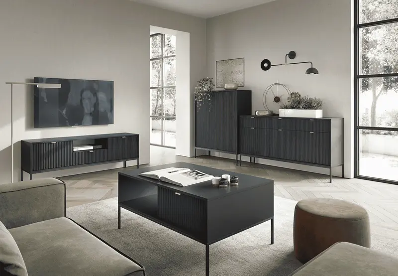 Wohnzimmer Set 4-teilig – NOVA – Schwarz – Modernes Stauraumensemble im strukturierten Rillen-Design für stilvolle Wohnräume