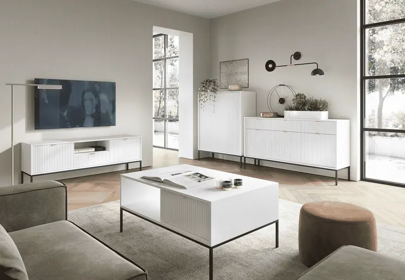 Wohnzimmer Set 4-teilig – NOVA – Weiß – Modernes Wohnensemble im strukturierten Rillen-Design