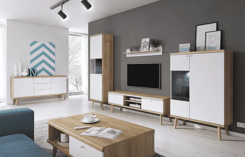 Wohnzimmer Set 6-teilig – PRIMO – Weiß / Sonoma Eiche – Modernes Wohnkonzept mit Stauraum und klarer Linienführung