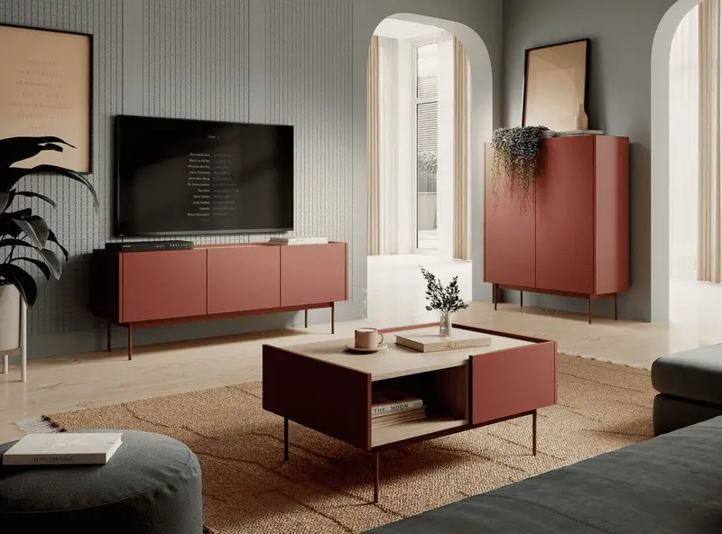 Wohnzimmer Set – COLOR – 3-teilig Rot, modernes Design mit funktionalem Stauraum