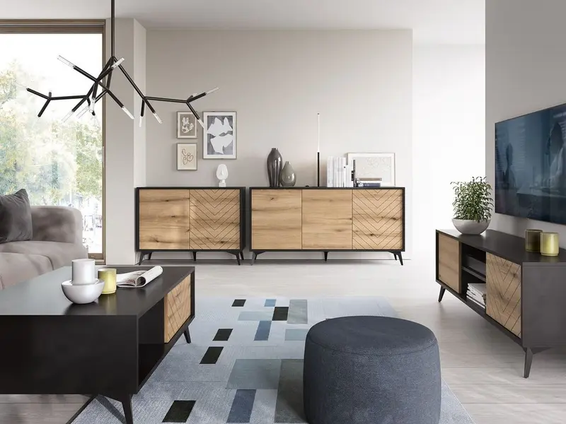 Wohnzimmer Set – DIAMOND – 4-teilig Eiche Evoke / Schwarz, modernes Design mit Chevron-Fronten