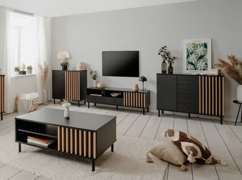 Wohnzimmer-Set Finori Monza Schwarz/Artisan-Oak mit Lamelenelemente 4-teilig