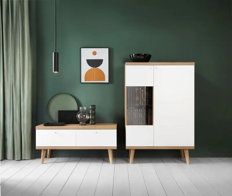 Wohnzimmer Set – PRIMO – 2-teilig – Weiß / Sonoma Eiche – Modernes Stauraum-Duo
