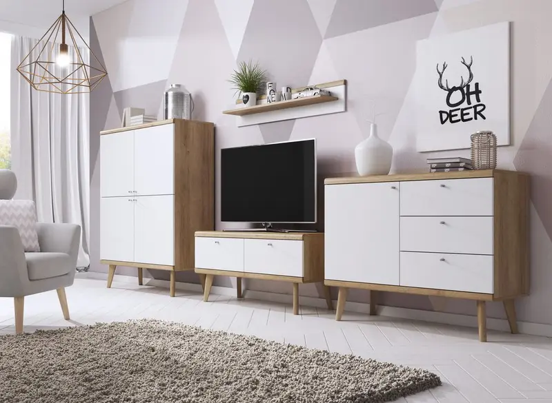 Wohnzimmer Set – PRIMO – 4-teilig – Weiß / Sonoma Eiche – Modernes Stauraumensemble