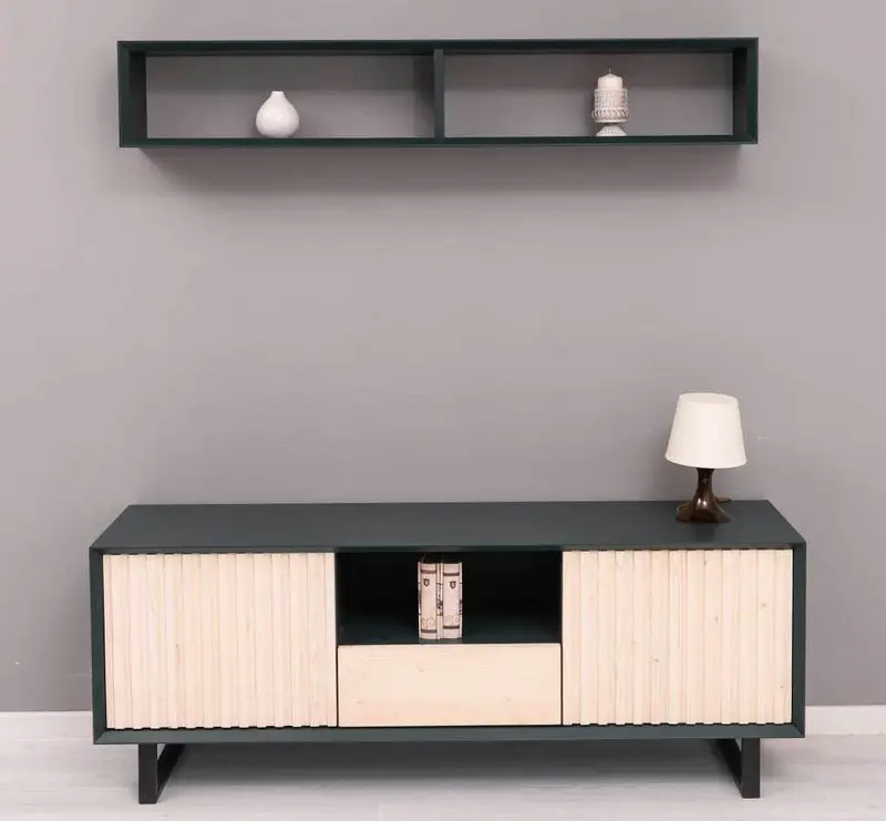 Wohnzimmer-Set | TV-Board aus Massivholz - Flaches Sideboard mit 2 Türen und Schublade und Wandregal