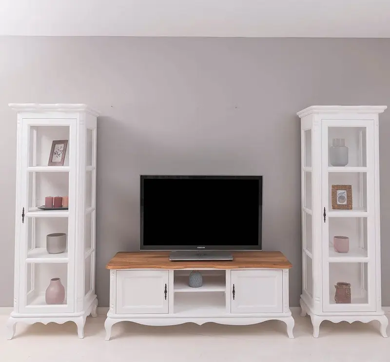 Wohnzimmerset bestehend aus TV-Board mit Eichenplatte und zwei Vitrinen aus Massivholz | Barock mit geschwungenen Beinen