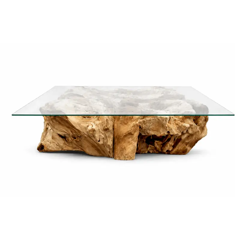 Wurzel Couchtisch NAGA inkl. quadratischer Glasplatte 110 cm x 110 cm